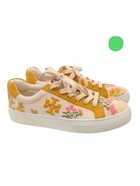 Tory Burch Cream Leather Sneakers with Yellow Accents & Pink Floral Embroidery
